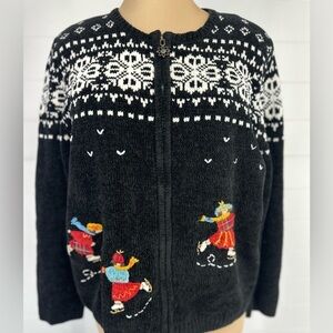Christmas Sweater! Vintage Holiday Embroidered ice skaters ❄️ Black & Red Sz L